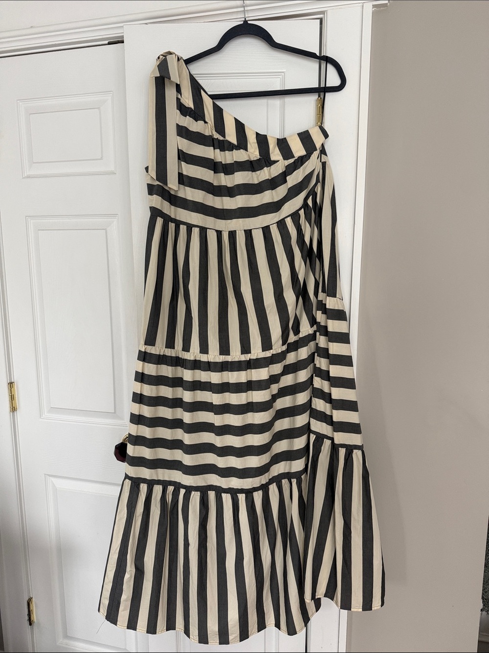 Who What Wear One-Shoulder Striped Maxi Dress in Olive and White - Picture 2 of 5